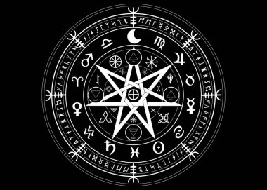Koruma Wiccan sembolü. Mandala Cadılar runes, mistik Wicca kehanet kümesi. Eski gizli semboller, Earth yıl Wicca astrolojik işaretler zodyak tekerleğin izole veya siyah arka plan vektör