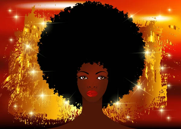 Πορτραίτο των γυναικών της Αφρικής, σκούρο δέρμα γυναικείο πρόσωπο με όμορφα παραδοσιακά μαύρα μαλλιά afro, γκλίτερ λαμπερό χρυσό φόντο, χτένισμα έννοια, κάλυψη για μαύρη μουσική, ντίσκο, εκδηλώσεις ομορφιάς, τραγουδιστής τζαζ — Διανυσματικό Αρχείο
