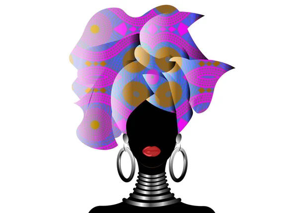 Retrato hermosa mujer africana en turbante tradicional, Kente cabeza envoltura, impresión dashiki, Afro mujeres bufanda vector silueta África batik decoración geométrica étnica Tela estilo Ankara, peinado — Vector de stock