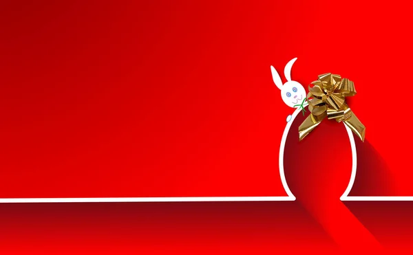 Ευτυχισμένο κουνέλι του ορίζοντα του Πάσχα και αυγό, επίπεδη σχεδίαση, περίγραμμα του Πάσχα λαγουδάκι με χρυσό τόξο κορδέλα ευχετήρια κάρτα, μεμονωμένο διάνυσμα ή κόκκινο φόντο — Διανυσματικό Αρχείο