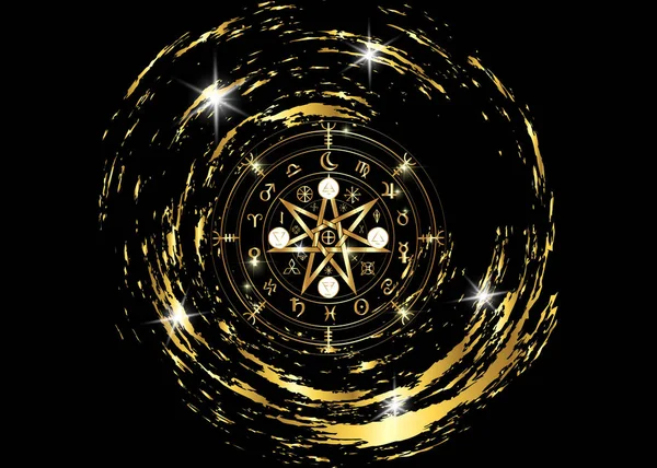 Wiccan symbol of protection. Gold Mandala Witches runes, Mystic Wicca divination. Ancient occult symbols, Earth Zodiac Wheel of the Year Wicca Astrological signs, vector isolated or black background — Stock Vector