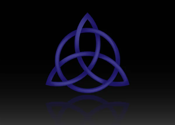 Triquetra-Logo, Dreifaltigkeitsknoten, Hexensymbol zum Schutz. 3D-Vektor blauer keltischer Dreifaltigkeitsknoten, isoliert auf schwarzem Hintergrund. Zauberhafte Wahrsagungssymbole, alte okkulte Symbole — Stockvektor