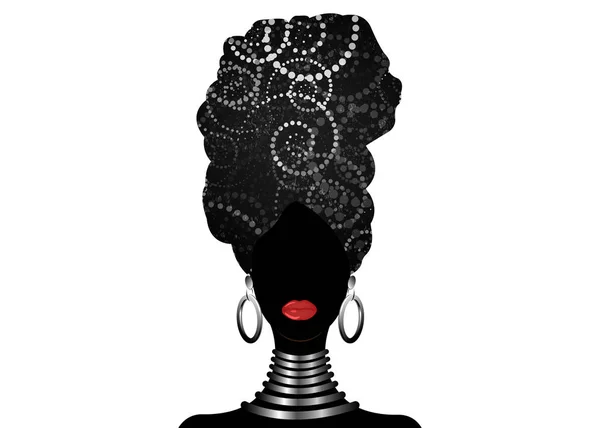 Vector Retrato mulher africana em espirais tradicionais turbante, Kente cabeça envoltório, impressão dashiki, preto afro mulheres vetor silhueta África batik, etnia zebra decoração pano, penteado conceito logotipo —  Vetores de Stock