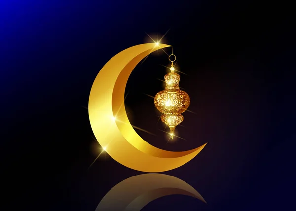 Ramadan Mubarakův původ. Ramadan Kareem přání s půlměsícem a zlatým lucernem. Vektorový zlatý měsíc izolované nebo černé a modré nebe pozadí — Stockový vektor