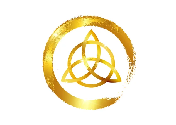 Triquetra, χρυσή Τριάδα, σύμβολο για την προστασία. Διάνυσμα χρυσό φύλλο Κέλτικη Τριάδα κόμπο που απομονώνεται σε λευκό φόντο. Χρυσό μαγικό σύμβολο της μαντείας, λογότυπο αρχαία απόκρυφα σύμβολα — Διανυσματικό Αρχείο