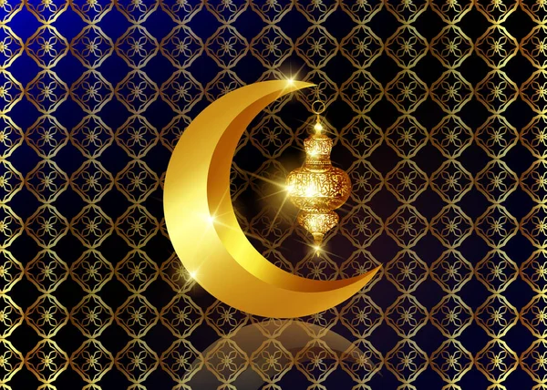 Ramadan Mubarakův původ. Ramadan Kareem přání s půlměsícem a zlatým lucernem. Vektorový zlatý měsíc izolovaný nebo zlatý Arabesque geometrické vzory pozadí — Stockový vektor