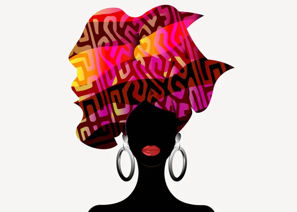 Portrait beautiful African woman in traditional turban, Kente head wrap, dashiki printing, Afro women scarf vector silhouette Africa batik ethnic geometric decoration Ankara style cloth, hairstyle — Stock Vector