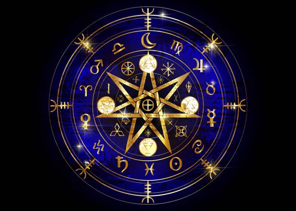 Wiccan symbol ochrony. Gold Mandala czarownice runy, Mystic Wicca wróżenia. Starożytne symbole okultystyczne, koło zodiaku ziemi rok Wicca astrologicznych znaków, na białym lub czarnym tle wektor — Wektor stockowy