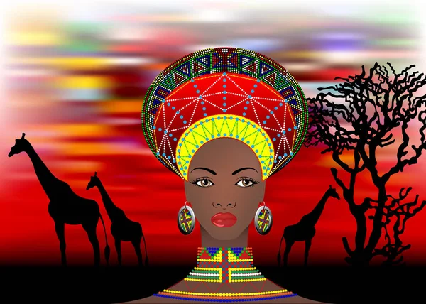 アフリカ民族服雌ズールー、バンツー国家のかわいい南アフリカの女性の肖像。エスニックイヤリングとネックレスの典型的なアフロヘッドドレス。ベクトル分離またはサファリサンセットとキリンバティック — ストックベクタ