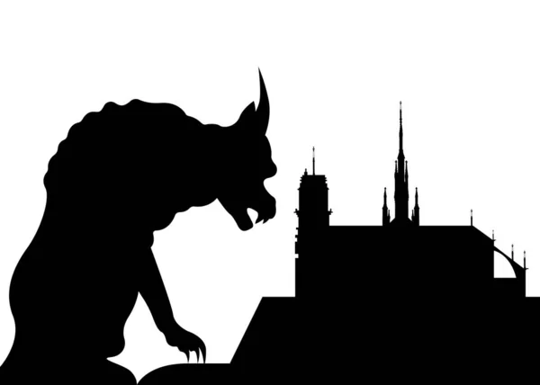 Notre dame de Paris and gargoyle, France, Paris city symbols, vector silhouette isolated — Stock Vector