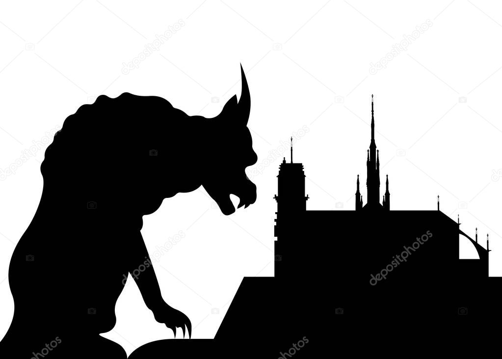 Notre dame de Paris and gargoyle, France, Paris city symbols, vector silhouette isolated