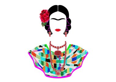 Frida Kahlo vector portrait , young beautiful mexican woman with a traditional hairstyle, Mexican crafts jewelry and dress. Frida Ethnic Mexican dress with embroidery floral and geometric. Isolated  clipart