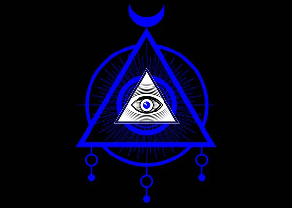 Sacro simbolo massonico. All Seeing eye, il terzo occhio (L'occhio della Provvidenza) all'interno della piramide del triangolo. Nuovo Ordine Mondiale. Alchimia disegnata a mano, religione, spiritualità, occultismo. Vettore isolato o nero — Vettoriale Stock