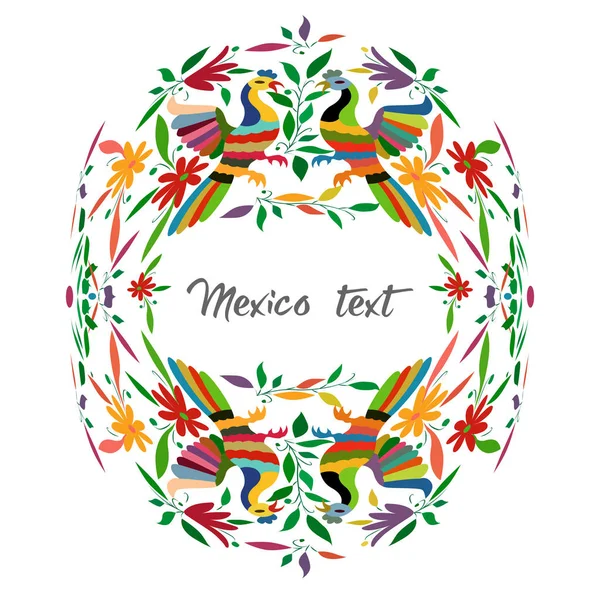 Μεξικάνικο παραδοσιακό ύφασμα κέντημα στυλ από την πόλη Τενάνγκο, Χιντάλγκο, Mxico. Αντιγράψτε χώρο floral σύνθεση με τα πουλιά, παγώνι, πολύχρωμη κυκλική σύνθεση απομονώνεται με κεντρικό κείμενο — Διανυσματικό Αρχείο