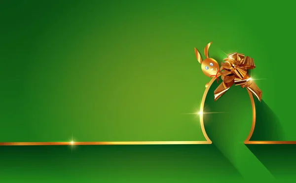 Пасхальный золотой Skyline кролик и яйцо, плоский дизайн, очертания рисунок Пасхальный кролик с золотой лентой поздравления, вектор изолирован на зеленом фоне — стоковый вектор