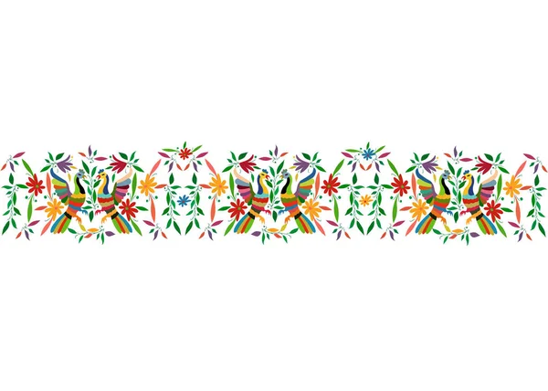 Mexicaanse traditionele textiel borduurwerk stijl van Tenango stad, Hidalgo, Mxico. Sjabloon Floral samenstelling met vogels, Peacock, kleurrijke naadloze frame samenstelling geïsoleerde of witte achtergrond — Stockvector