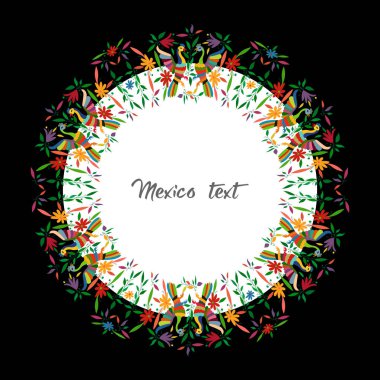 Mexican Traditional Textile Embroidery Style from Tenango City, Hidalgo, Mexico. Copy Space Floral Composition with Birds, Peacocks, colorful circular frame composition isolated with central text clipart