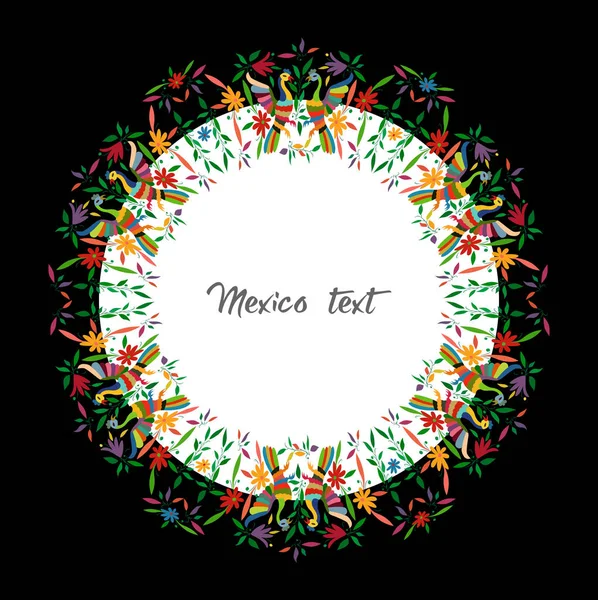 Μεξικάνικο παραδοσιακό ύφασμα κέντημα στυλ από την πόλη Τενάνγκο, Χιντάλγκο, Μεξικό. Αντιγράψτε χώρο floral σύνθεση με τα πουλιά, παγώνια, πολύχρωμη κυκλική σύνθεση πλαίσιο απομονωμένη με κεντρικό κείμενο — Διανυσματικό Αρχείο