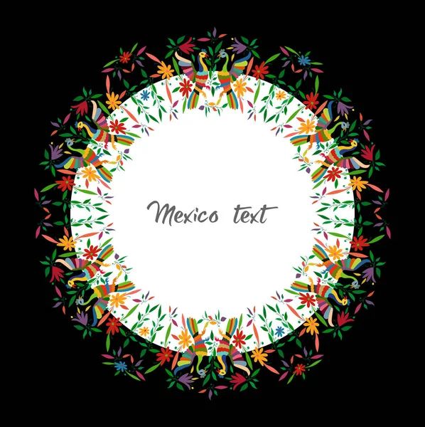 Estilo de Bordado Têxtil Tradicional Mexicano de Tenango City, Hidalgo, México. Espaço cópia Composição floral com pássaros, pavões, composição de quadro circular colorido isolado com texto central —  Vetores de Stock