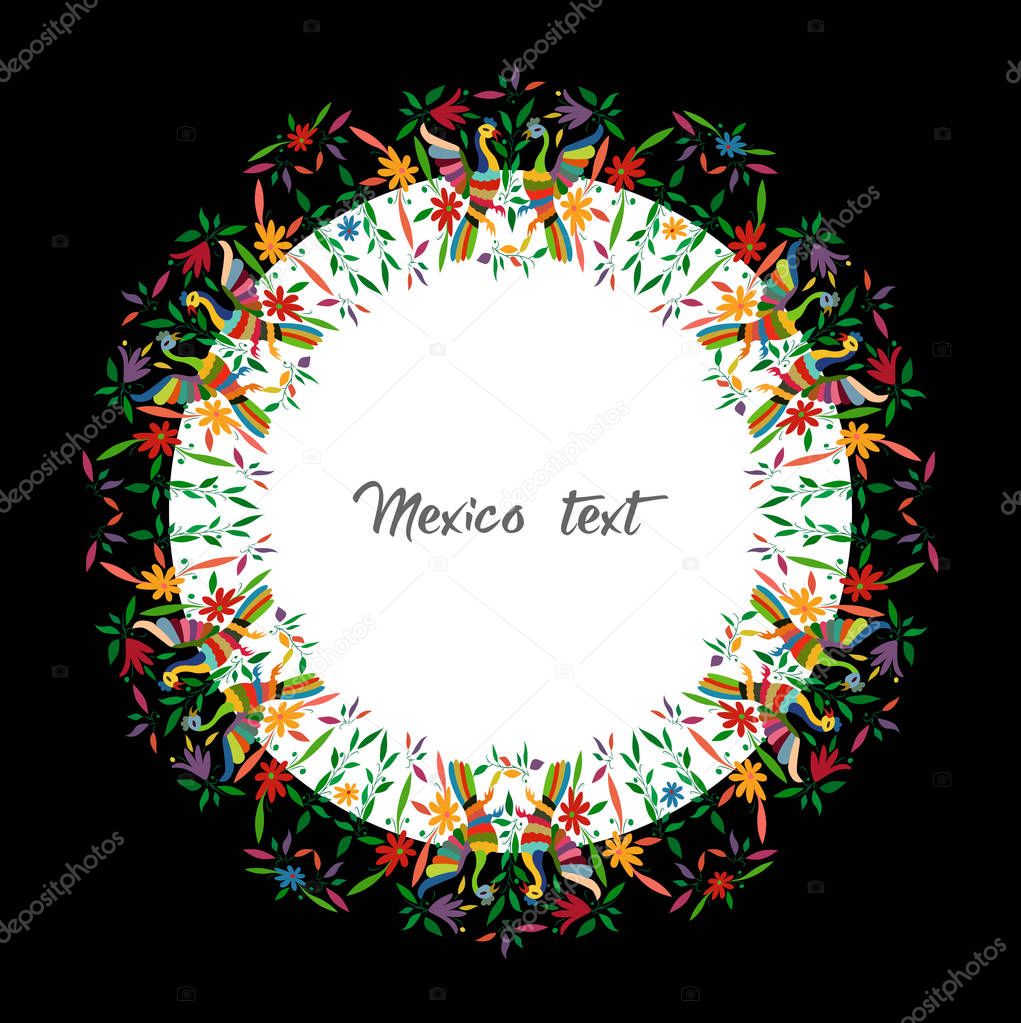 Mexican Traditional Textile Embroidery Style from Tenango City, Hidalgo, Mexico. Copy Space Floral Composition with Birds, Peacocks, colorful circular frame composition isolated with central text