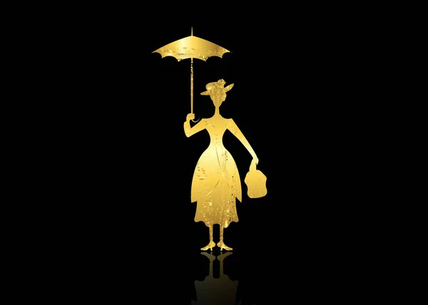 Dívka silueta se v ruce vznáší s deštníkem, v izolovaném nebo černém pozadí vektor se zlatým listovým stylem — Stockový vektor