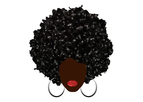 Pelo afro rizado, mujeres africanas retrato, cara femenina de piel oscura con pelo rizado afro, pendientes étnicos tradicionales y labios rojos sexy, concepto de estilo de pelo, vector aislado o fondo blanco — Vector de stock