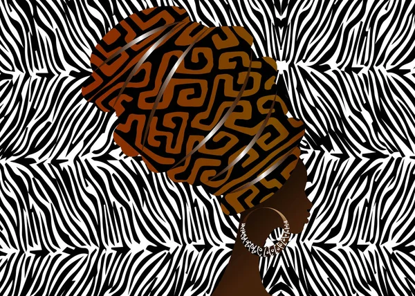 Portré afrikai nő a hagyományos Turban, kente fej wrap afrikai, hagyományos dashiki nyomtatás, fekete afro női vektor sziluett izolált hagyományos batikolt, zebra csíkos etnikai háttér — Stock Vector