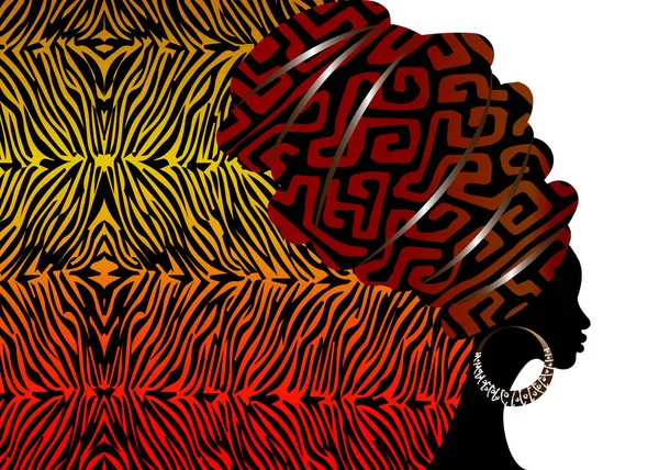 Porträt afrikanische Frau in traditionellem Turban, Kente-Kopftuch afrikanisch, traditioneller Kardashian-Druck, schwarze afroamerikanische Frauensilhouette isoliert mit traditionellem Batik, tigergestreifter ethnischer Hintergrund — Stockvektor