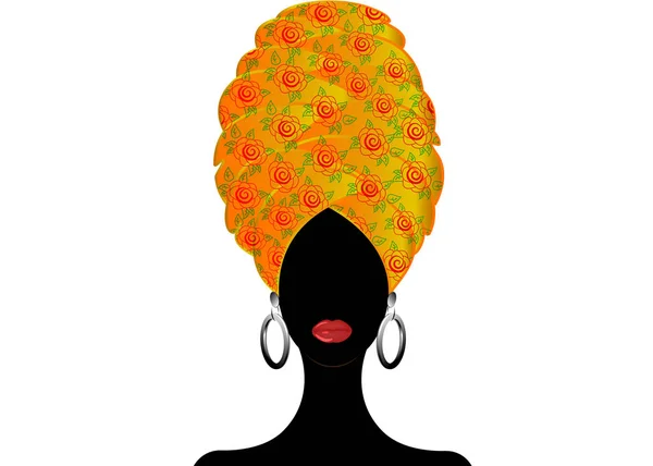 Retrato bela mulher africana em turbante tradicional, Kente cabeça envoltório, impressão dashiki, mulheres afro cachecol vetor silhueta África batik flores étnicas decoração Ancara estilo pano, penteado —  Vetores de Stock