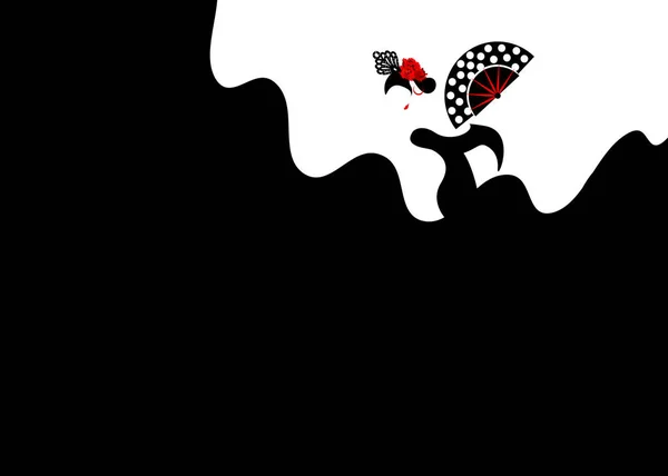 Plantilla de bailarina de flamenco, silueta sexy hermosa mujer española en vestido largo negro con abanico plegable y peineta en pose espectacular, artista latinoamericana performer, vector de fondo de diseño de moda — Archivo Imágenes Vectoriales