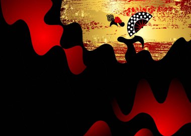 Flamenko dansçısı, seksi siluet muhteşem poz fan ve peineta ile siyah kırmızı uzun elbiseli güzel İspanyol kadın, Latin Amerika sanatçı sanatçı, vektör şablonu altın varak moda arka plan 