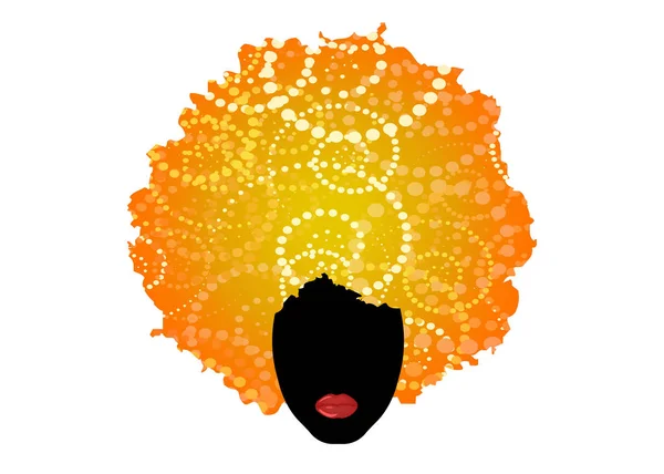 Cabello afro rizado rubio, retrato mujer africana, cara femenina de piel oscura y labios rojos sexy. concepto de centro de belleza, spa, estilo de dibujos animados, concepto de estilo de pelo étnico, vector aislado o fondo blanco — Archivo Imágenes Vectoriales