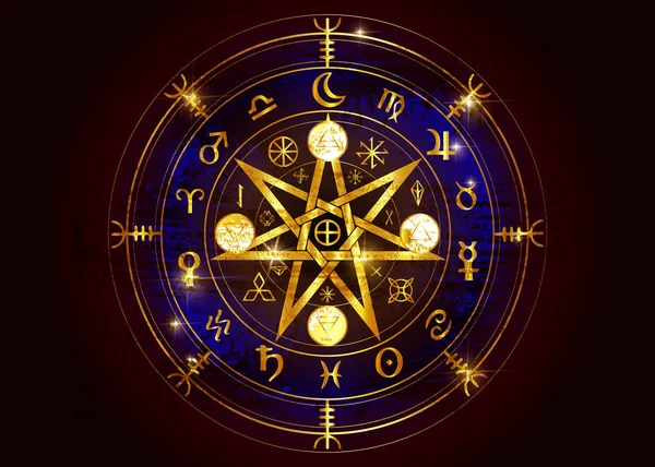 Wiccan symbol ochrony. Gold Mandala czarownice runy, Mystic Wicca wróżenia. Starożytne symbole okultystyczne, koło zodiaku ziemi rok Wicca astrologicznych znaków, na białym lub czarnym tle wektor — Wektor stockowy