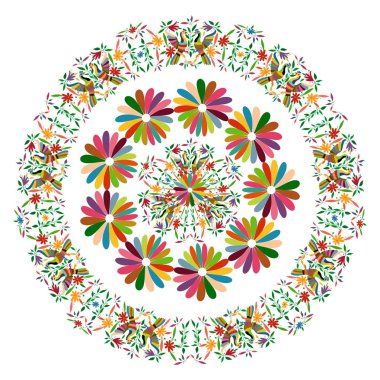 Nakış çiçek ve tavus kuşu orman hayvanları el yapımı etnik Meksika goblen. Naif baskı halk süslemeleri. Latin, İspanyol, Akdeniz tarzı. Renkli dairesel tekstil çiçek mandala izole