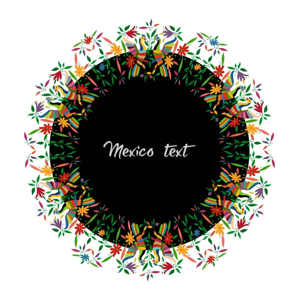Μεξικάνικο παραδοσιακό ύφασμα κέντημα στυλ από την πόλη Τενάνγκο, Χιντάλγκο, Μεξικό. Στρογγυλό floral σύνθεση με τα πουλιά, παγώνια, πολύχρωμη κυκλική σύνθεση πλαισίων απομονωμένη με κεντρικό κείμενο — Διανυσματικό Αρχείο