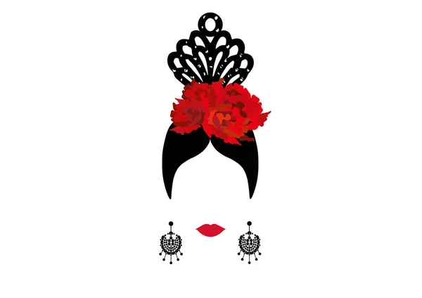 Векторный портрет традиционной латинской или испанской танцовщицы, леди с традиционными аксессуарами пейнета, серьги и красный цветок, Икона фламенко изолирована — стоковый вектор
