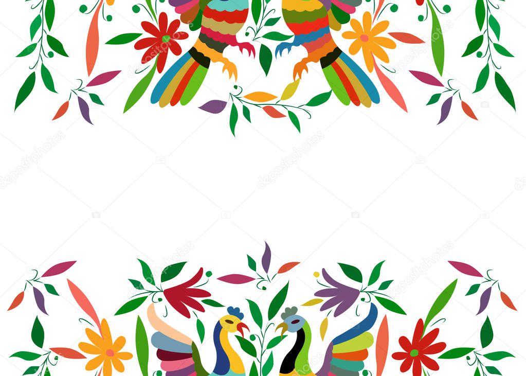 Mexican Traditional Textile Embroidery Style from Tenango City, Hidalgo, Mxico. Copy Space Floral Composition with Birds, Peacock, colorful seamless frame composition isolated or white background