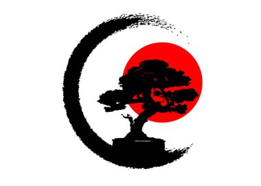 Japon bonsai ağacı logosu, beyaz arka planda siyah bitki silueti simgeleri, bonsai 'nin yeşil ekolojik silüeti ve kırmızı gün batımı. Ayrıntılı görüntü. Biyolojik doğa kavramı. Japon bayrağı ikonu. Vektör izole edildi