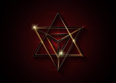 Sacred geometry. 3D gold Merkaba thin line geometric triangle shape. esoteric or spiritual symbol. isolated on dark red background. Star tetrahedron icon. Light spirit body, wicca esoteric divination clipart