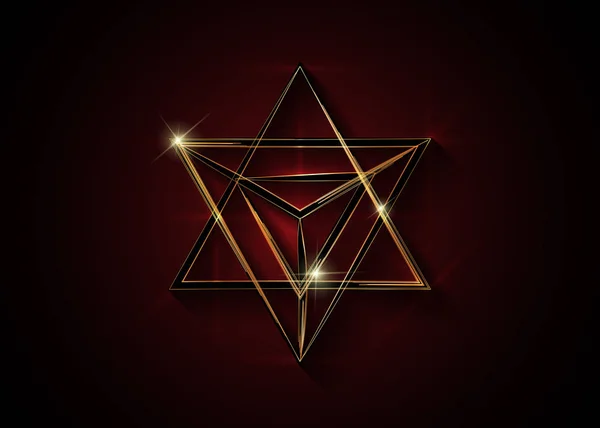 Geometria sacra. 3D oro Merkaba linea sottile forma geometrica triangolo. simbolo esoterico o spirituale. isolato su sfondo rosso scuro. Icona del tetraedro stellare. Corpo spirituale leggero, divinazione esoterica wicca — Vettoriale Stock