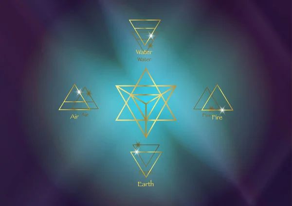 Simge elemanları : Air Earth Fire Water ve Merkaba Star tetrahedron, Wiccan kehanet sembolleri. Antik gizli altın semboller, güney doğu kuzey batı, vektör illüstrasyon renkli kozmos uzay arka plan — Stok Vektör