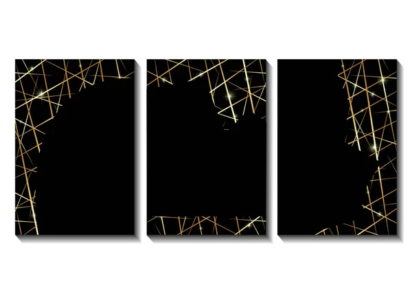 Set van elegante luxe brochure, kaart, achtergrond cover. Zwart en gouden abstracte gouden willekeurige lijnen textuur. Geometrische asymmetrische gouden frame decoratie. Vector geïsoleerd — Stockvector