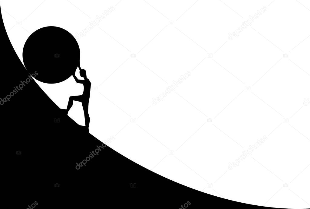 man pushing big boulder uphill. Vector cartoon silhouette in flat design isolated on white background