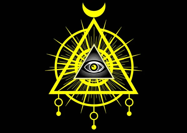 Heilige Masonic symbool. Alle wakend oog, het derde oog, het oog van Providence binnen driehoek piramide. Nieuwe wereldorde. Geel icoon alchemie, religie, spiritualiteit, occultisme. Vector geïsoleerd of zwart — Stockvector