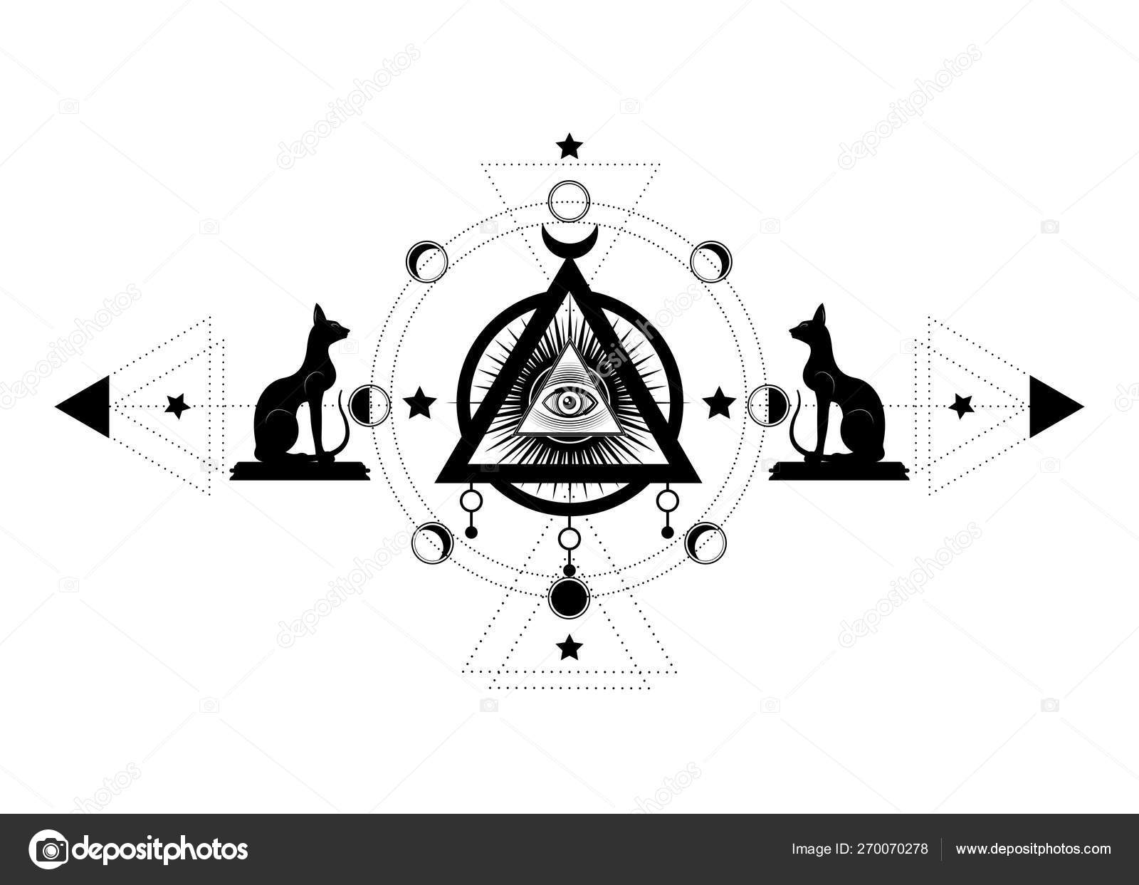 Mystical drawing: the third eye, all-seeing eye, circle of a moon phase. Sacred geometry and Egyptian cats Bastet ancient Egypt goddess. Vector isolated for print, poster, t-shirt, card, tattoo symbol Stock Vector Mystical drawing: the third eye, all-seeing eye, circle of a moon phase. Sacred geometry and Egyptian cats Bastet ancient Egypt goddess. Vector isolated for print, poster, t-shirt, card, tattoo symbol Stock Vector
