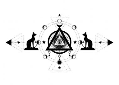 Mistik çizim: üçüncü göz, all-gören göz, ayın evreleri çemberi. Kutsal geometri ve Mısır kediler Bast Antik Mısır tanrıçası. İzole baskı, poster, tişört, kart, dövme sembolü için vektör