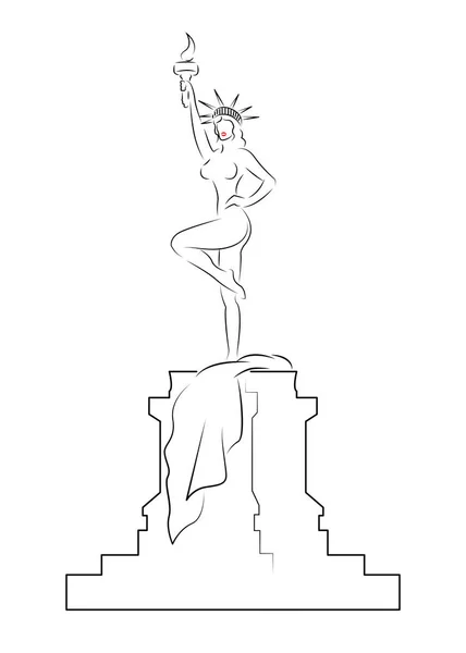 Caricatura di donna sexy come la Statua della Libertà. Schizzo vettoriale di donna nuda in posizione sexy. Ragazza calda con labbra rosse, concetto di illustrazione vettoriale vittoria isolato o sfondo bianco — Vettoriale Stock