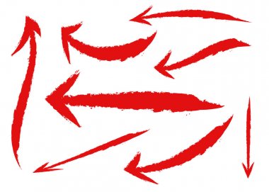 Farklı grunge fırça okları, işaretçiler, beyaz arka plan üzerinde izole kümesi. Kırmızı ok fırça Kontur stili, tasarım kullanımı için nesne, vektör logoları simge hız kavramı