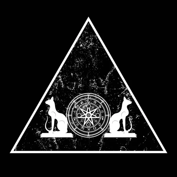 Symbole wiccan de protection. Triangle Mandala Sorcières runes et chats noirs, divination mystique wicca. Symboles occultes anciens, Roue du zodiaque terrestre de l'année Wicca Signes astrologiques vecteur isolé — Image vectorielle