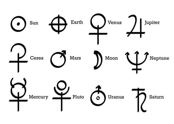 Símbolos alquímicos ícones definir elementos de alquimia pictograma. Sun, Earth and Planets Symbols, Astrological Wicca Symbols (em inglês). Conjunto de vetores desenhados à mão ícone do planeta wiccan isolado no fundo branco —  Vetores de Stock